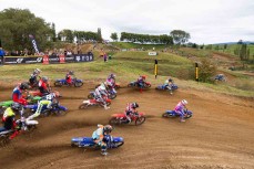 Cody Cooper (121), Hayden Draper (96) and Cody Griffiths (321) lead out the MX2 class at Round 4 of the 2026 Yamaha New Zealand Motocross Championships held at Rotorua Motorcycle Club's Motocross Track, Horohoro Bluffs, Rotorua, New Zealand, February 28, 2