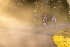 A group of athletes (from left) Kyle Aitken, Olympian Bryony Botha and Genevieve Whitson ride the cycle routes and roads around Te Miro and Cambridge in Waikato, New Zealand. Photo: Derek Morrison