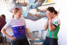 Cycling athletes Genevieve Whitson and Kate McCarthy share a laugh during a coffee stop at The Paddock in Cambridge,  Waikato, New Zealand. Photo: Derek Morrison