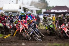 Ryan Foster gets the holeshot at the 2026 New Zealand Junior Motocross Championships held at the Brookhaven Motocross Training Facility in Leeston, Canterbury, New Zealand, April 10-12, 2026. Photo: MNZ/Derek Morrison