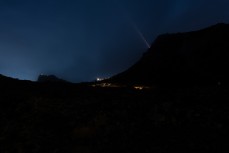 Headlamps shine a trail in the pre-dawn light to the summit of Mt Sibayak (2212m) near Bergastagi, Northern Sumatra, Indonesia.