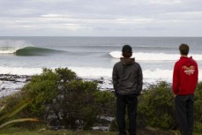 Kahu Kaan and Luke Rogers check out the clean conditions during a winter swell at a remote beachbreak near Dunedin, New Zealand.Photo: Derek Morrison