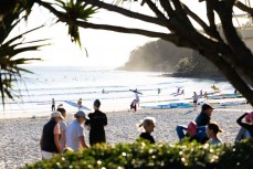 Busy morning at a beach in Noosa on the Sunshine Coast, Queensland, Australia.