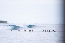 Clean swell pulsing through at a reefbreak in the Mentawai Islands, Sumatra, Indonesia.