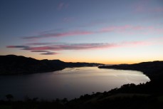 Sunrise over Otago Harbour and Otago Peninsula, Dunedin, New Zealand. 