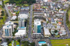 Beachside buildings of Mount Maunganui as seen from the top of Mauao, Bay of Plenty, New Zealand. 
